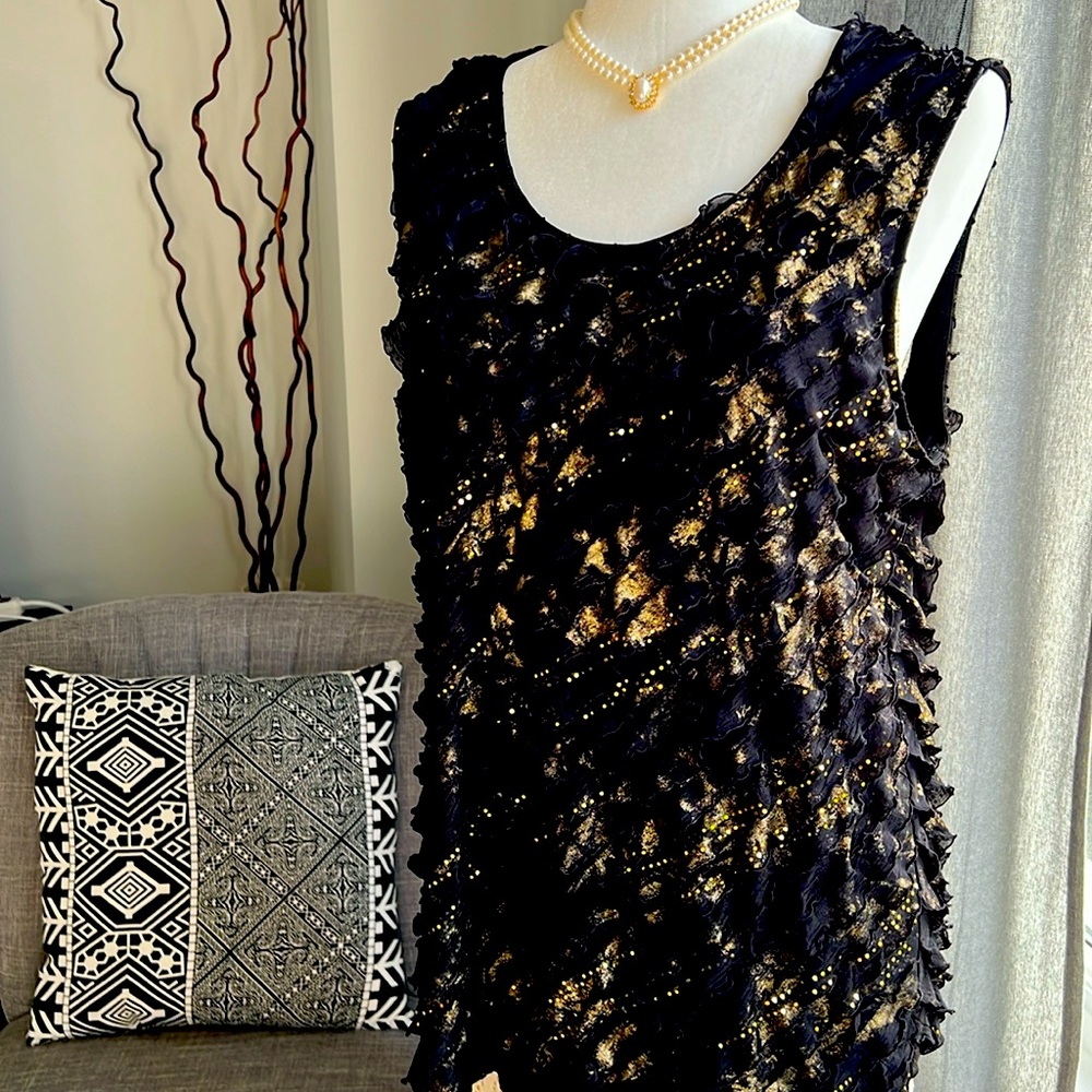 Women's Black Tank Top with Gold Accent Detailing